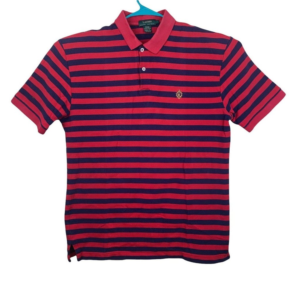LAUREN by RALPH LAUREN Red/Navy Striped Short Sleeve Cotton Shirt Men's - L